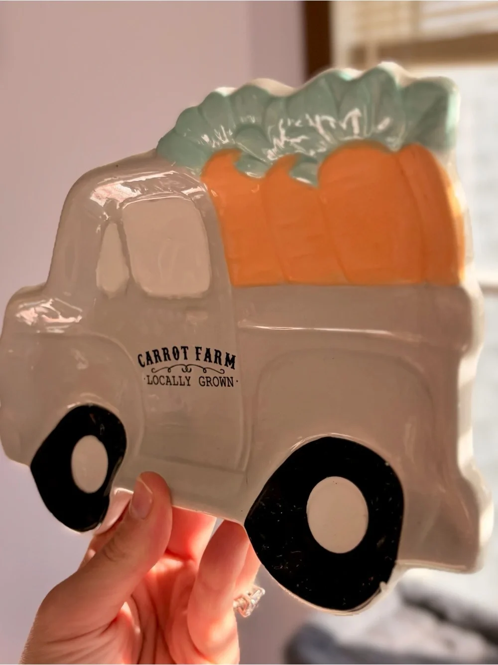 Carrot Farm Ceramic Truck Dish - White with Orange Carrots & Mint Greens
